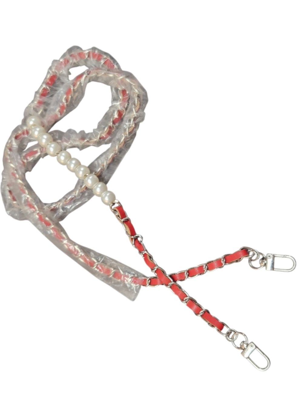 Pearl Accent Vegan Leather Woven Chain Crossbody Strap Replacement - Red/Silver